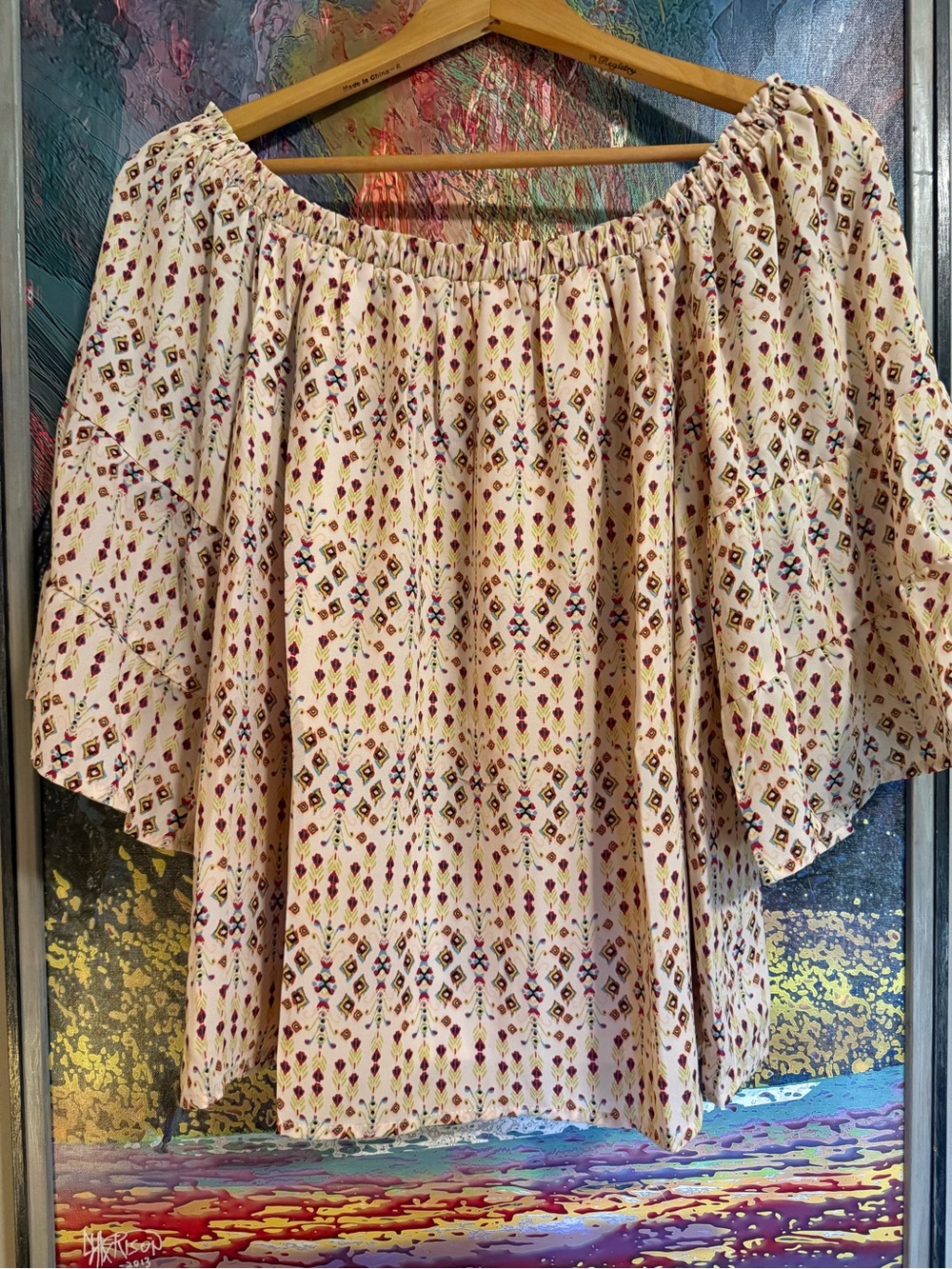 Heyson Boho Off-Shoulder Printed Tunic Top sz LARGE